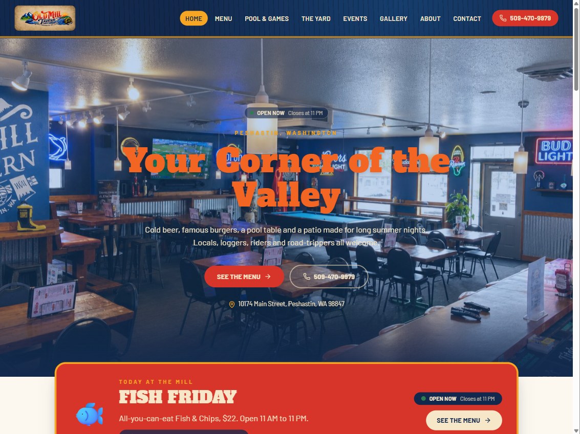 Old Mill Tavern website homepage preview