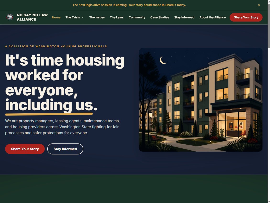 No Say No Law Alliance website homepage preview