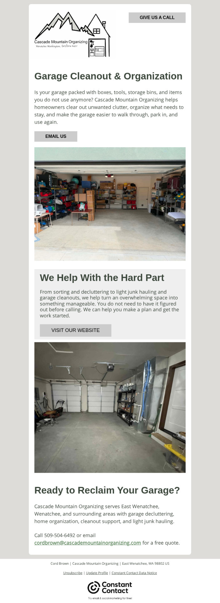 Cascade Mountain Organizing email campaign