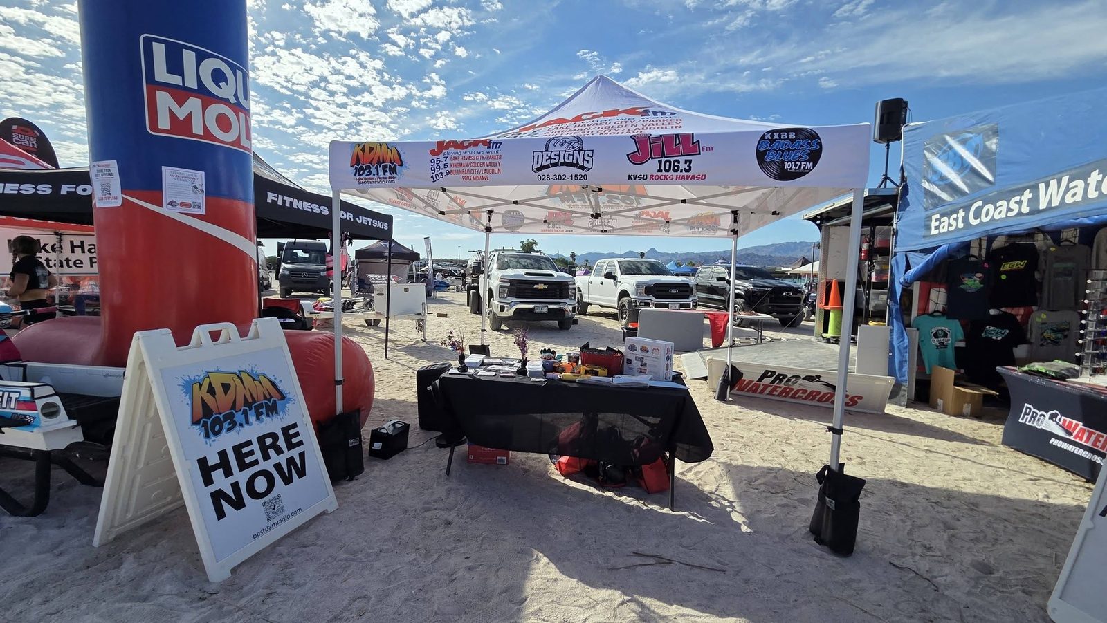 Radio remote broadcast tent at a watercross event