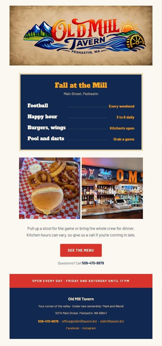 Old Mill Tavern email campaign designed by Forward Momentum